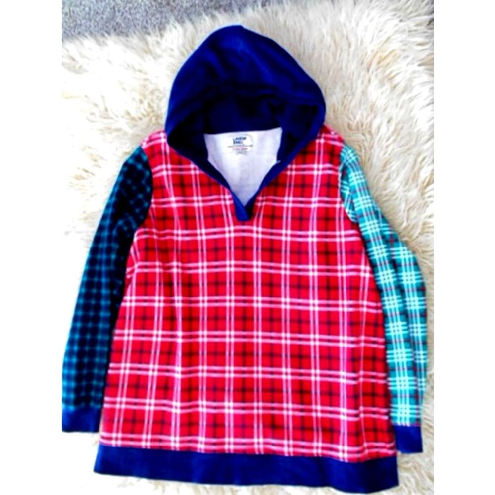 Womens 18 XL Lands End Colorblock Red Plaid Hoodie Shacket Stadium Sweatshirt